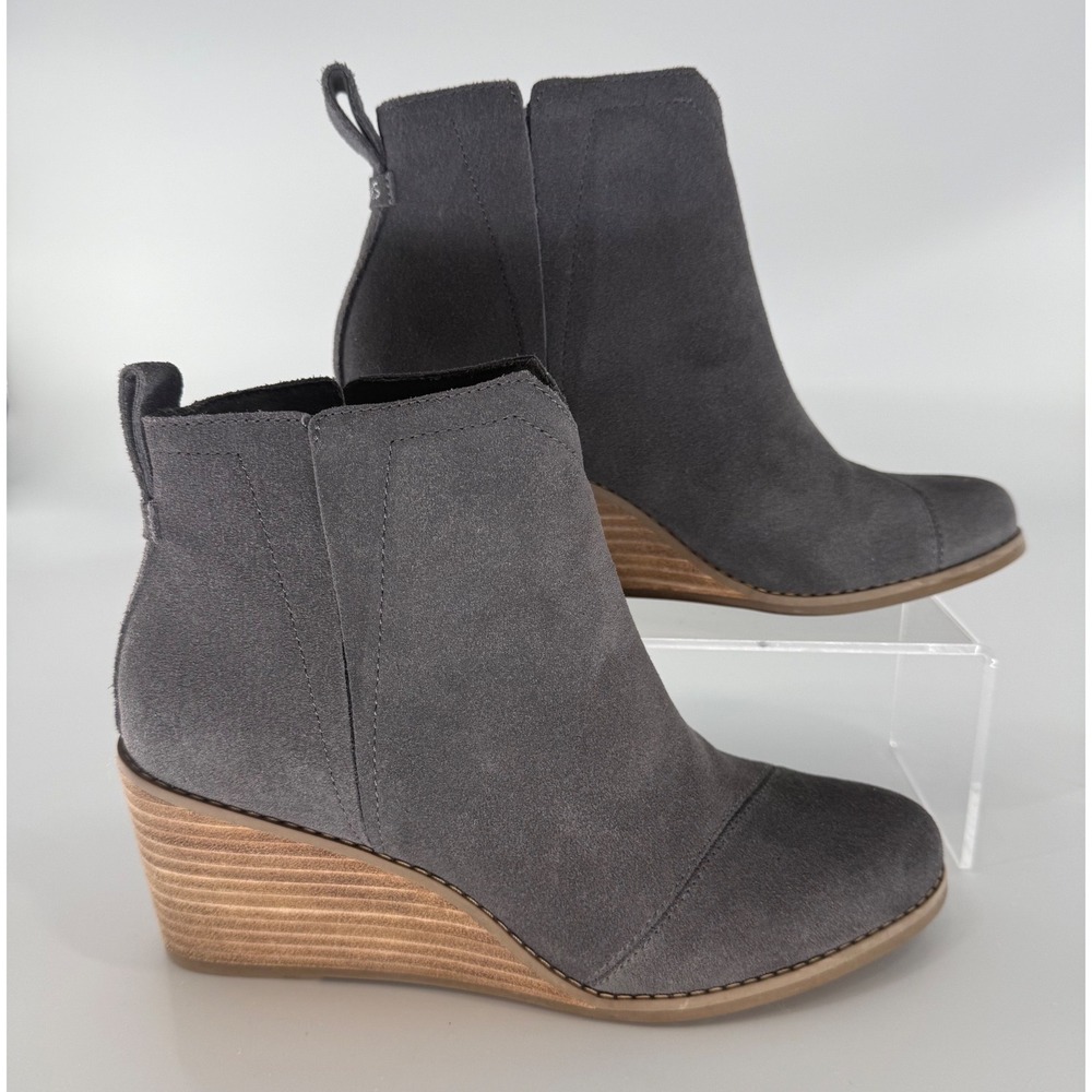 TOMS Kala Charcoal Grey Suede Wedge Ankle Booties 100110523 Sz 8 Boho Minimalist